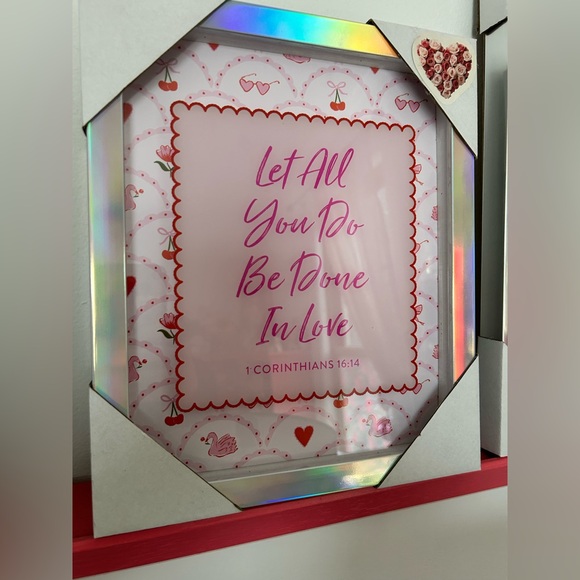 Other - Pink Hearts Cherries Swan Framed Wall Glass Art Let All You Do Be Done In Love